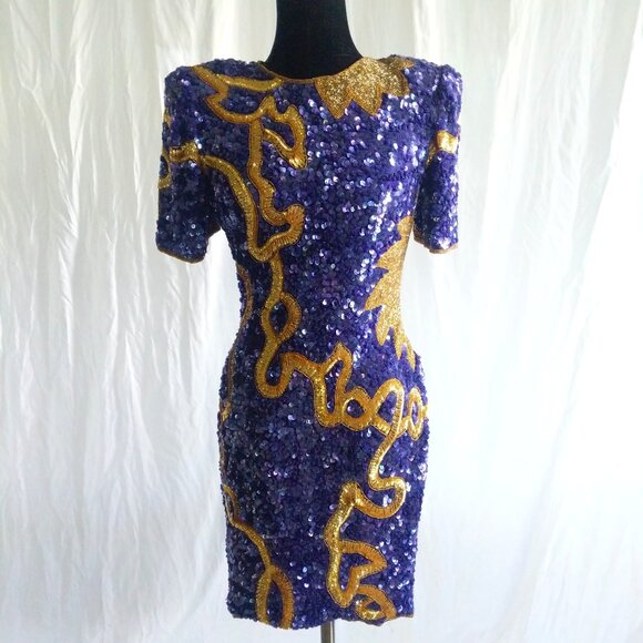 STUNNING RARE Designer Lawrence Kazar Vintage Purple and Gold Beaded Dress Small